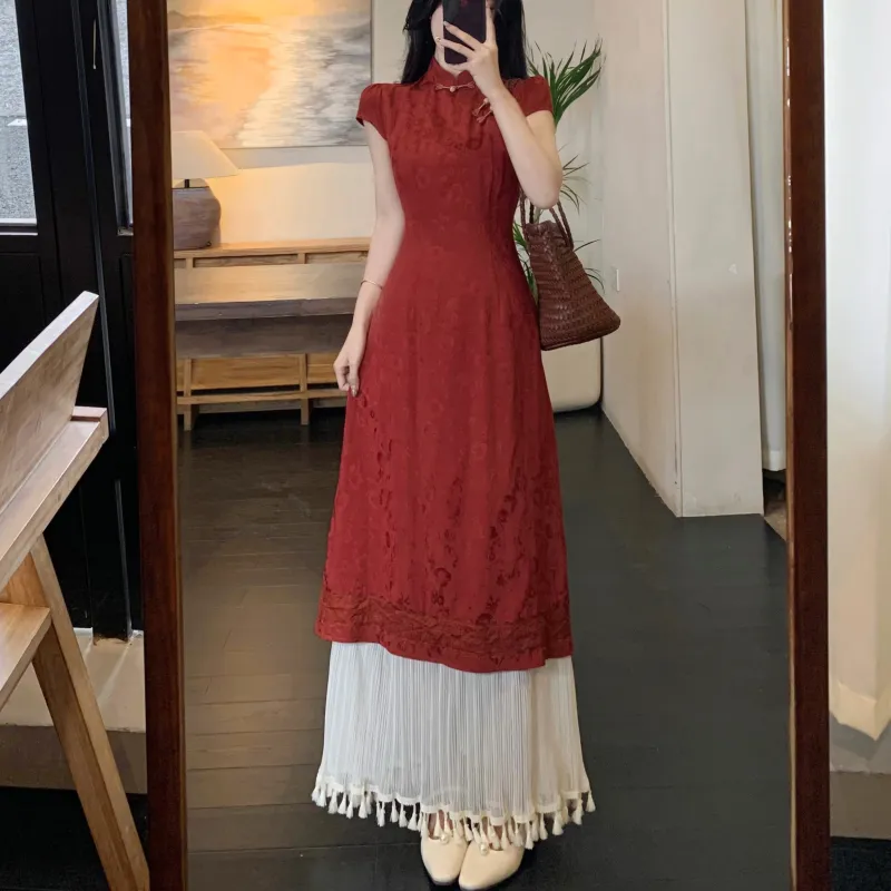 PAVEA Short Sleeved Dress Women's Burgundy+Hair Tie Comes With-3