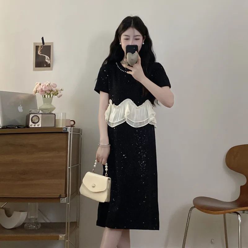 PAVEA Short Sleeved Dress Women's Black+Hair Tie Comes With-2