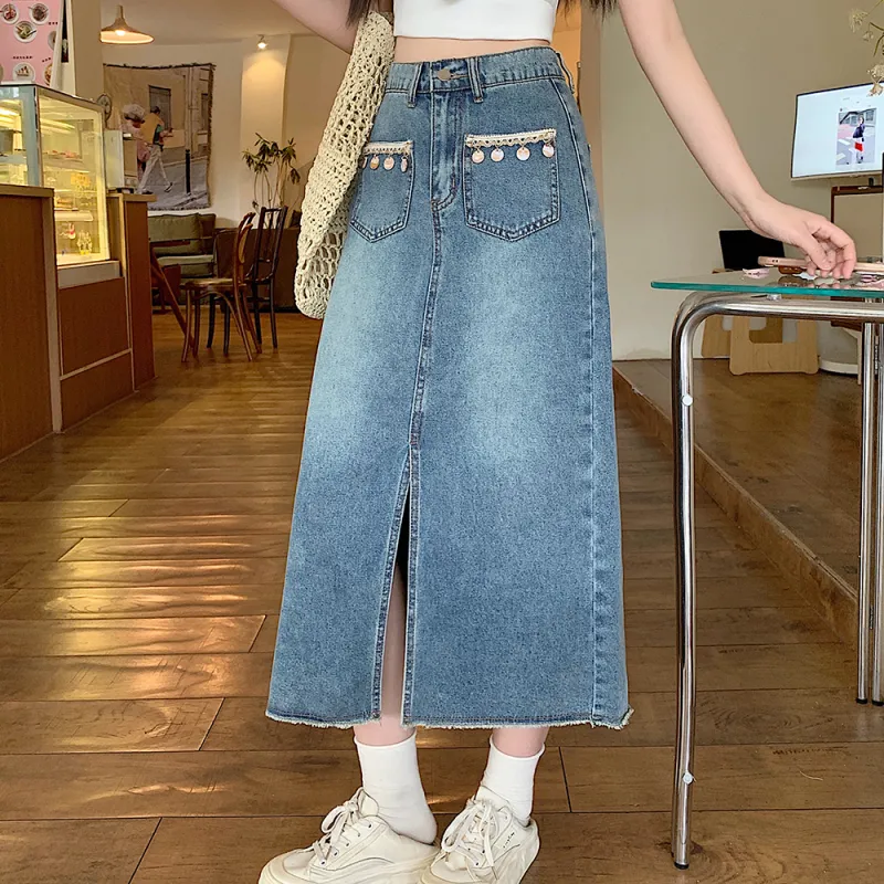 PAVEA Denim Long Skirts Women's Blue+Hair Tie Comes With-3