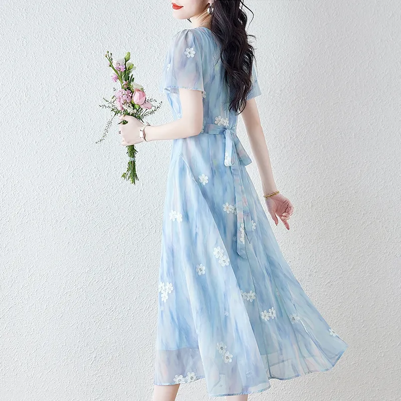 PAVEA Short Sleeved Dress Women's Light Blue+Hair Tie Included-3