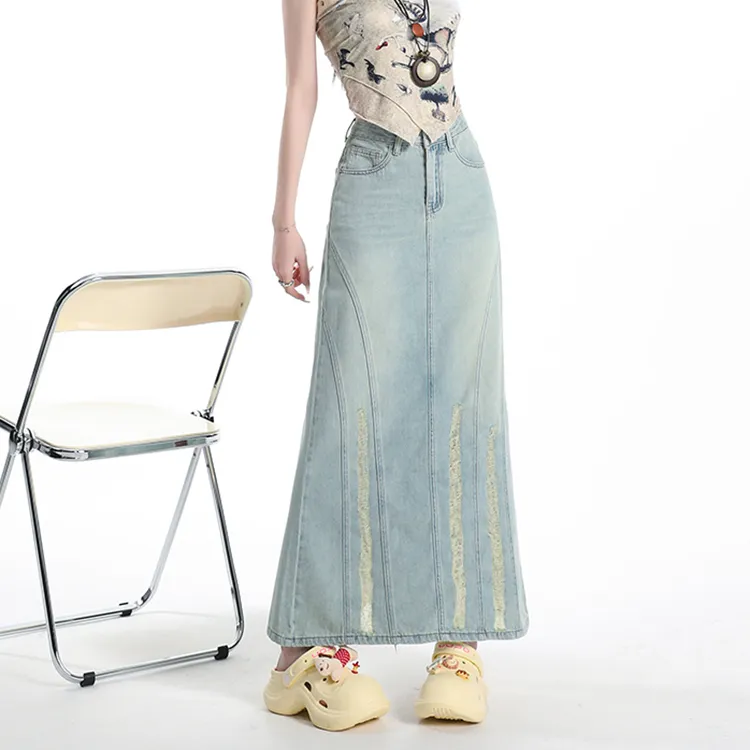 PAVEA Denim Long Skirts Women's Blue+Hair Tie Comes With-4