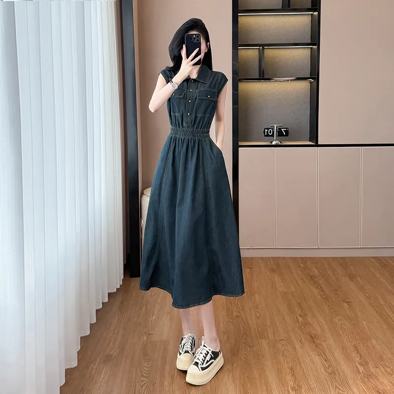 PAVEA Sleeveless Dress Women's Dark Blue+Hair Tie Included-3