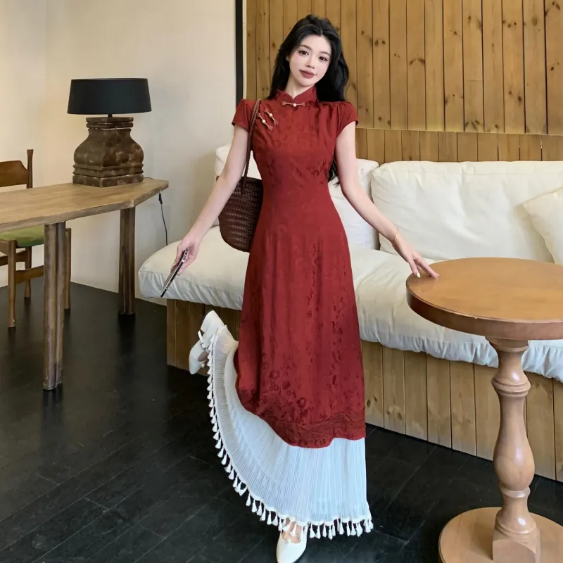 PAVEA Short Sleeved Dress Women's Burgundy+Hair Tie Comes With-2