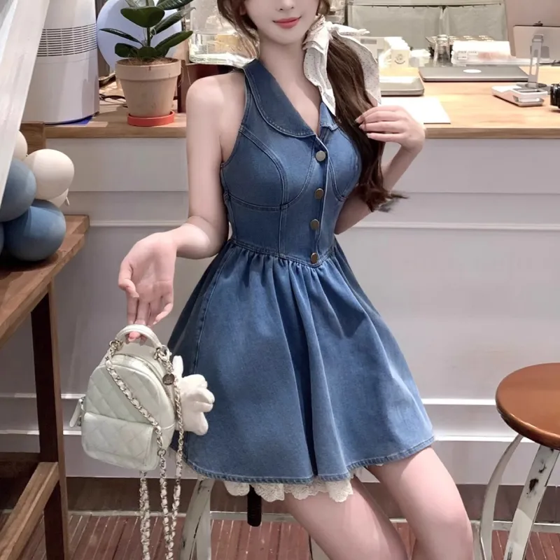 PAVEA Sleeveless Dress Women's Blue+Hair Tie Comes With-5
