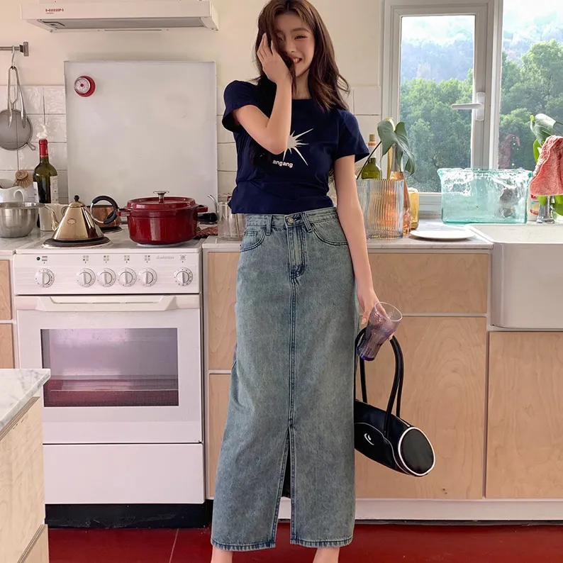 PAVEA Denim Long Skirts Women's Blue+Hair Tie Comes With-4