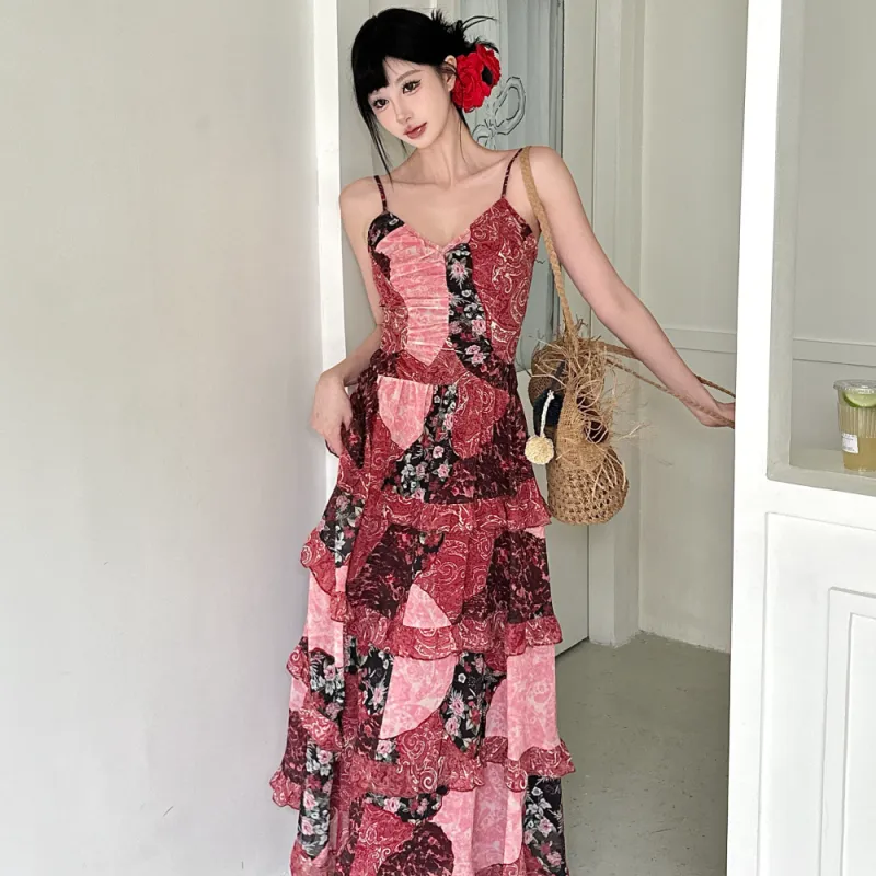 PAVEA Slip Dresses Women's Rose Red Multicolor+Hair Tie Comes With-1