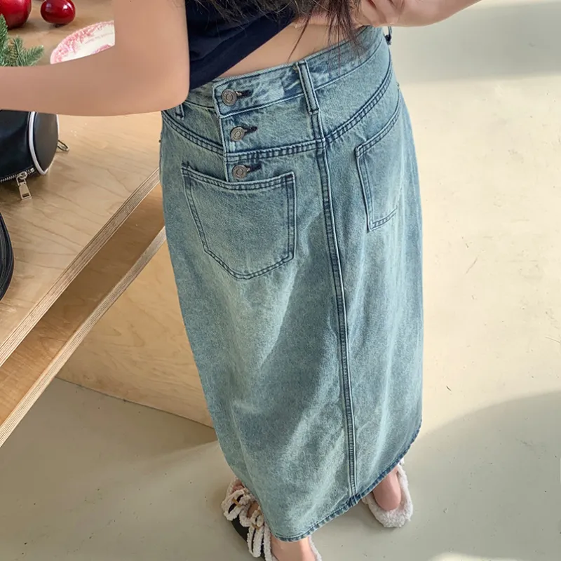 PAVEA Denim Long Skirts Women's Blue+Hair Tie Comes With-3