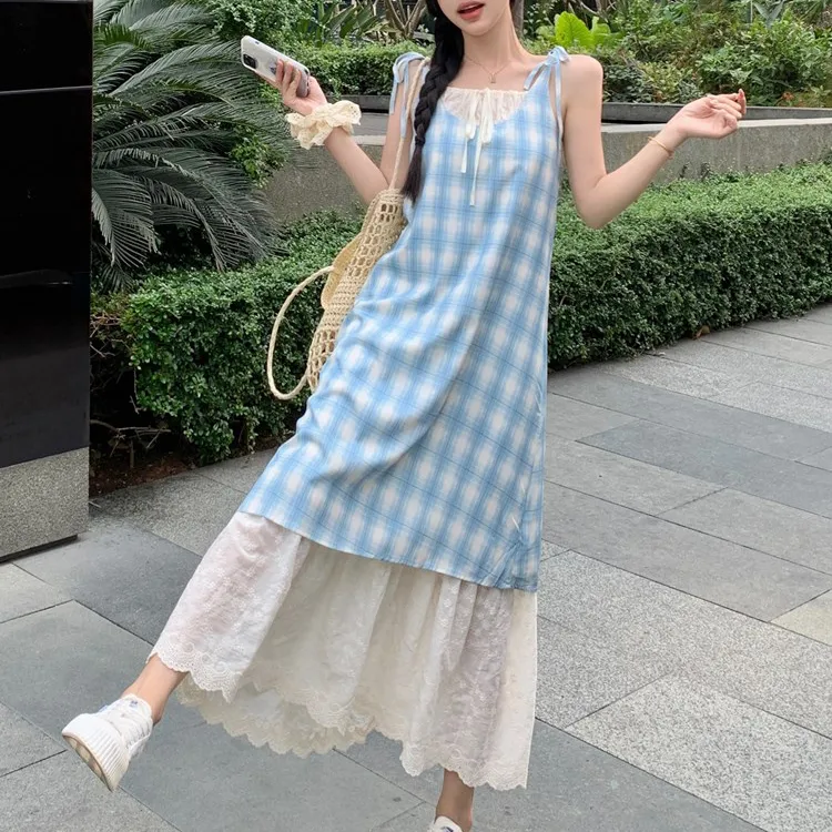 PAVEA Slip Dresses Women's Blue+Hair Tie Comes With-2