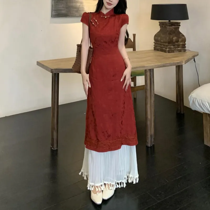 PAVEA Short Sleeved Dress Women's Burgundy+Hair Tie Comes With-5