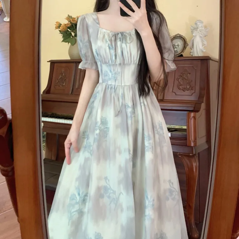 PAVEA Short Sleeved Dress Women's Blue Gray+Hair Tie Comes With-4