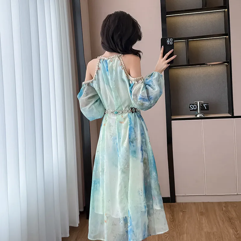 PAVEA Long Sleeved Dress Women's Blue+Belt+Hair Tie Comes With-3