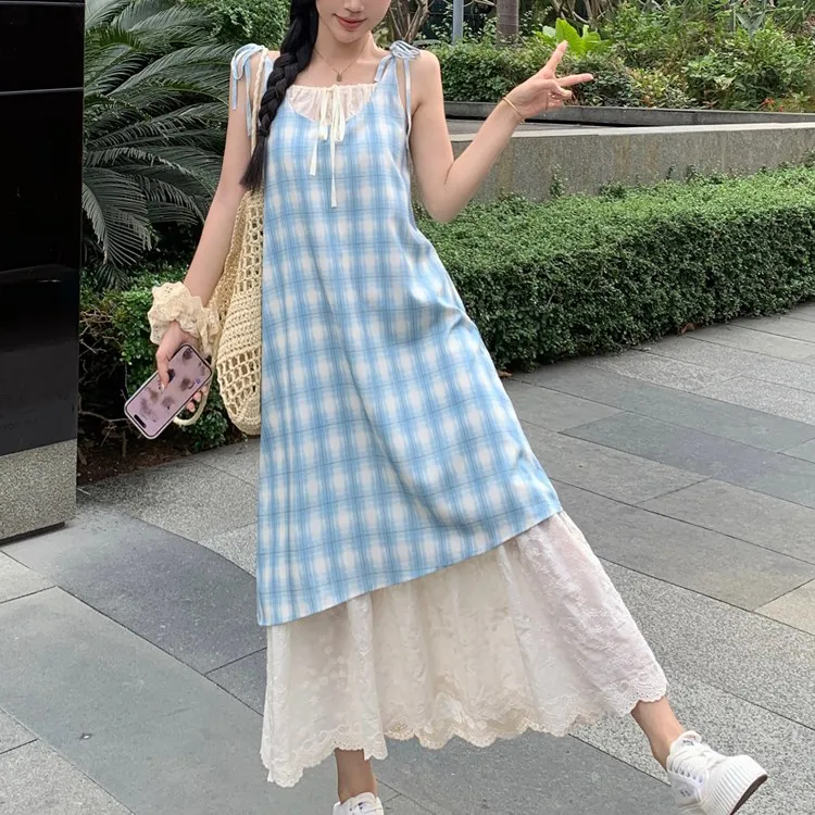 PAVEA Slip Dresses Women's Blue+Hair Tie Comes With-4