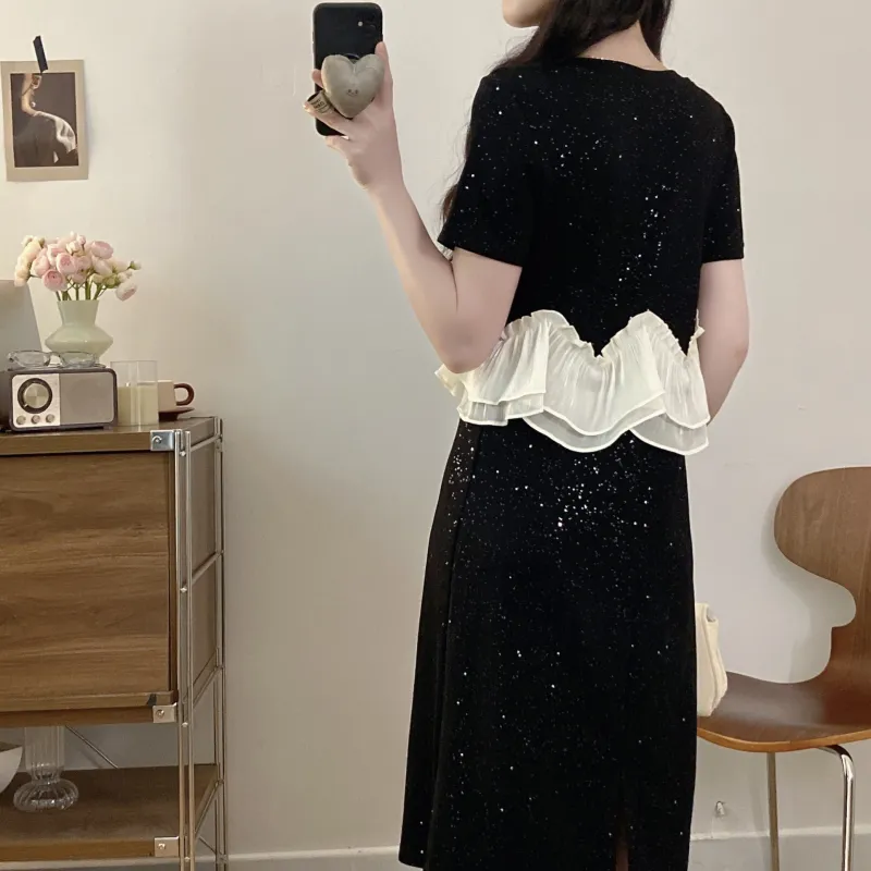 PAVEA Short Sleeved Dress Women's Black+Hair Tie Comes With-1