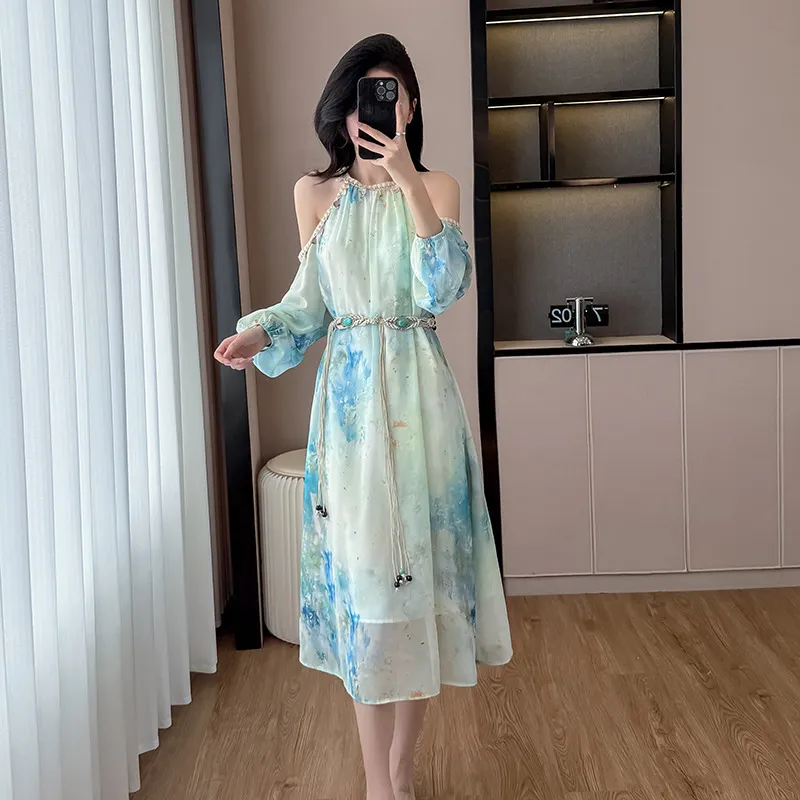 PAVEA Long Sleeved Dress Women's Blue+Belt+Hair Tie Comes With-2