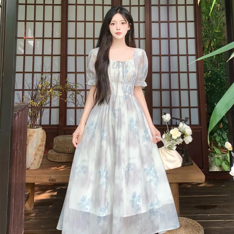 PAVEA Short Sleeved Dress Women's Blue Gray+Hair Tie Comes With-2