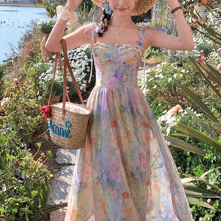 PAVEA Slip Dress Women's Oil Painting Pink Blue+Hair Tie Comes With-4