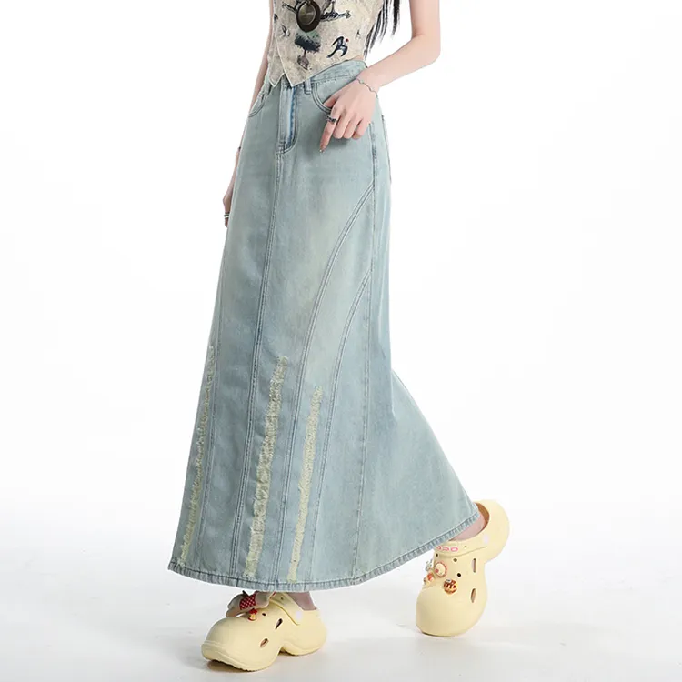PAVEA Denim Long Skirts Women's Blue+Hair Tie Comes With-5