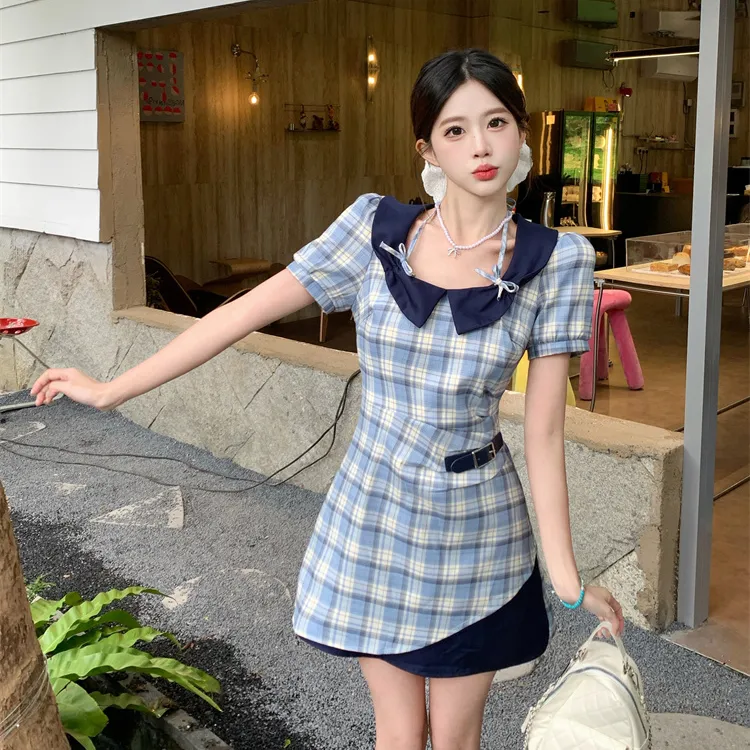 PAVEA Short Sleeved Dress Women's Blue+Hair Tie Comes With-5