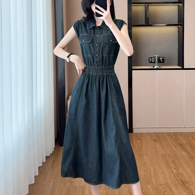 PAVEA Sleeveless Dress Women's Dark Blue+Hair Tie Included-4