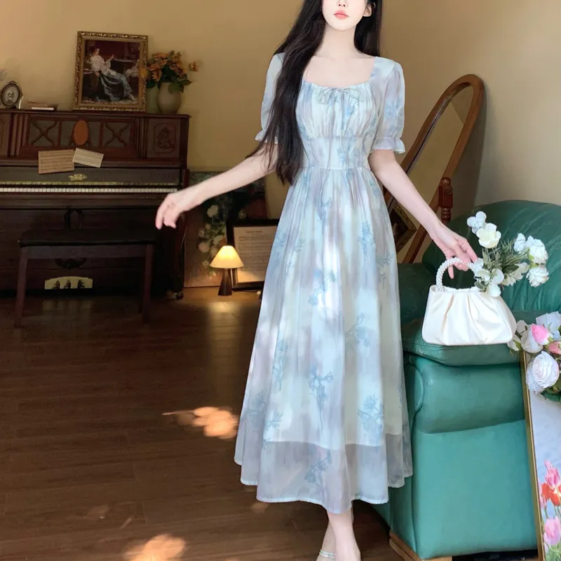 PAVEA Short Sleeved Dress Women's Blue Gray+Hair Tie Comes With-5