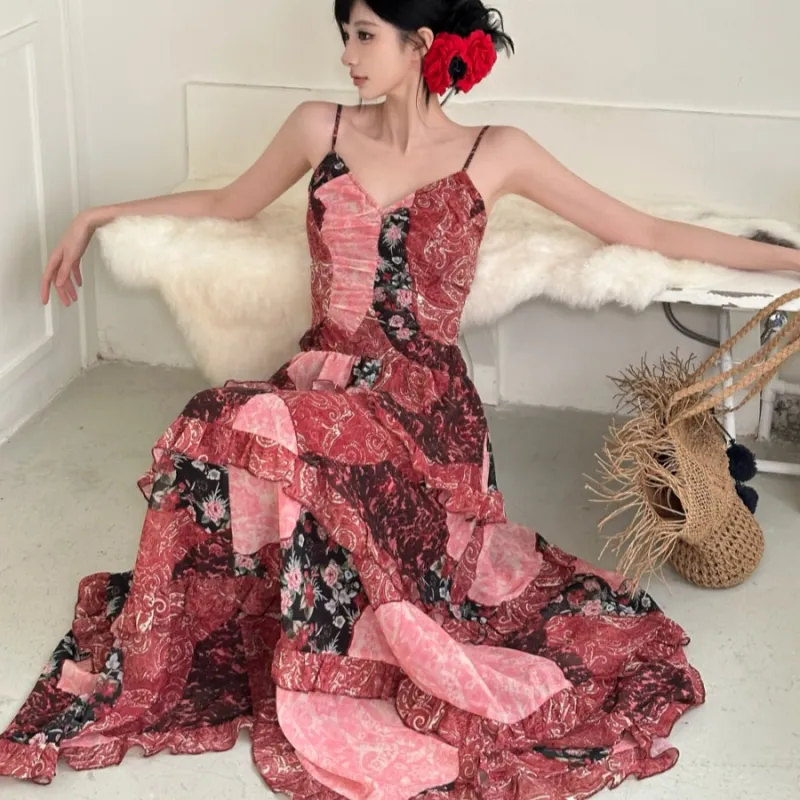 PAVEA Slip Dresses Women's Rose Red Multicolor+Hair Tie Comes With-5