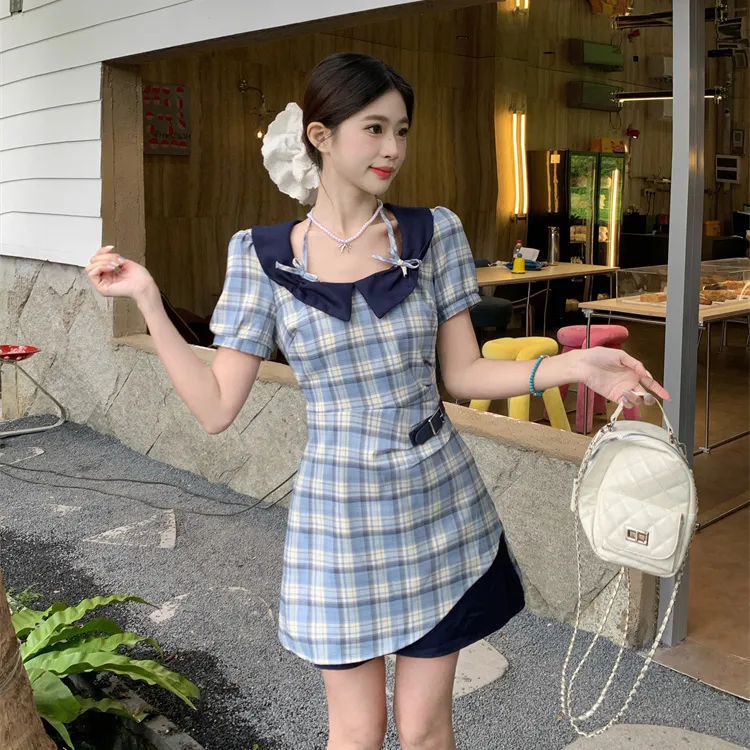 PAVEA Short Sleeved Dress Women's Blue+Hair Tie Comes With-2
