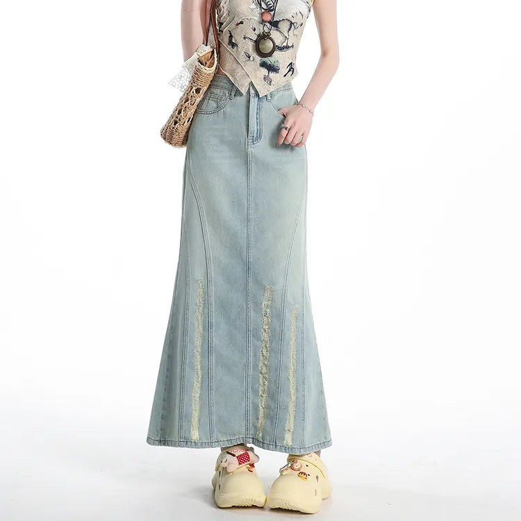 PAVEA Denim Long Skirts Women's Blue+Hair Tie Comes With-2