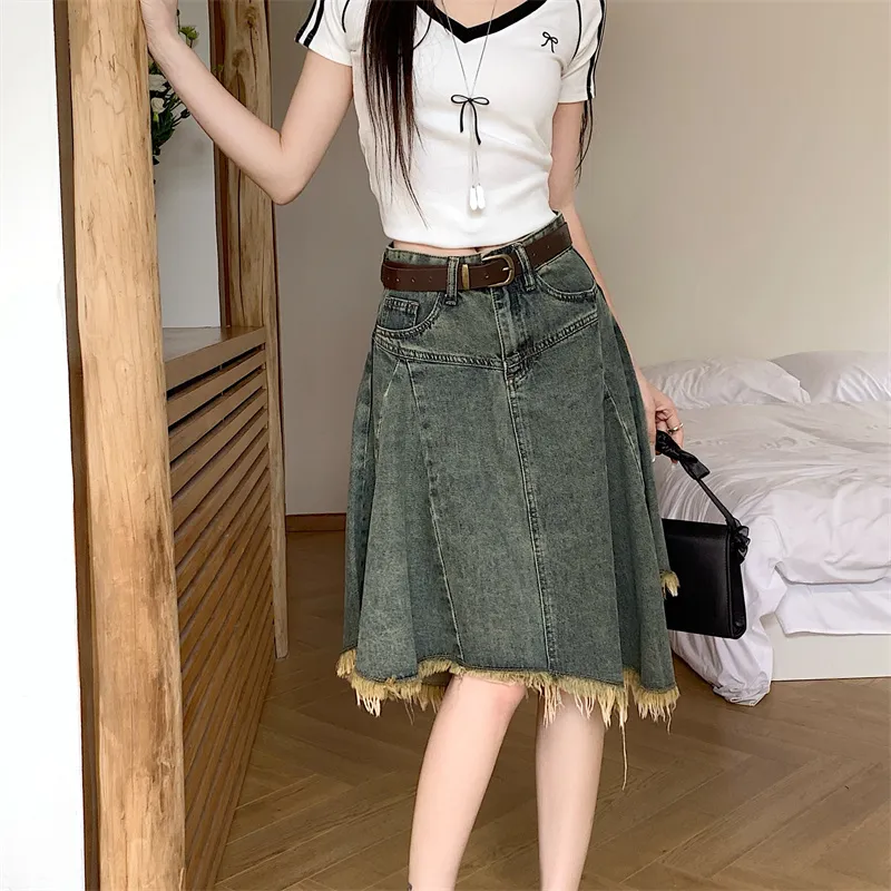 / Denim Long Skirts Women's Distressed Color+Belt+Hair Tie Comes With-3