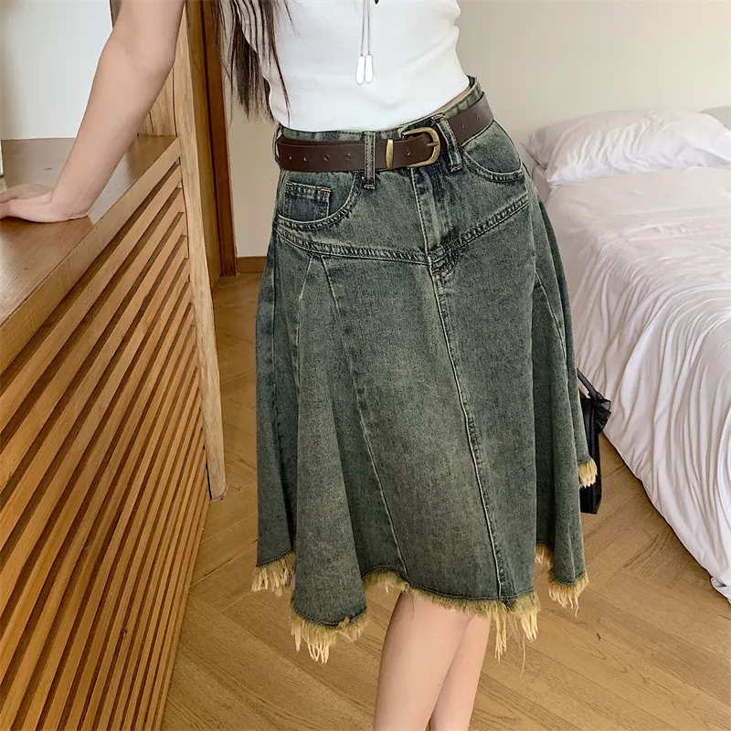/ Denim Long Skirts Women's Distressed Color+Belt+Hair Tie Comes With-4
