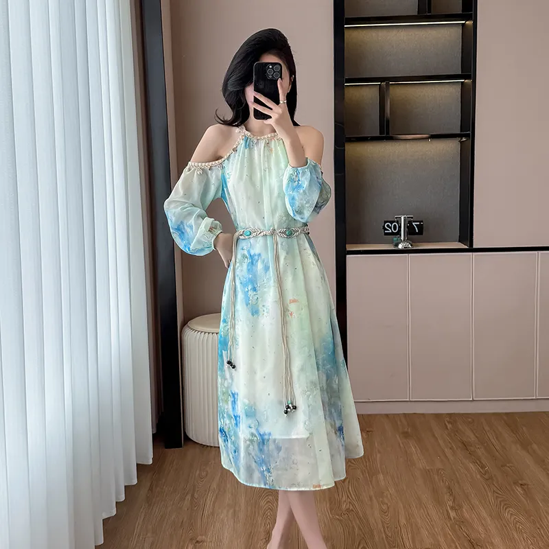 PAVEA Long Sleeved Dress Women's Blue+Belt+Hair Tie Comes With-5
