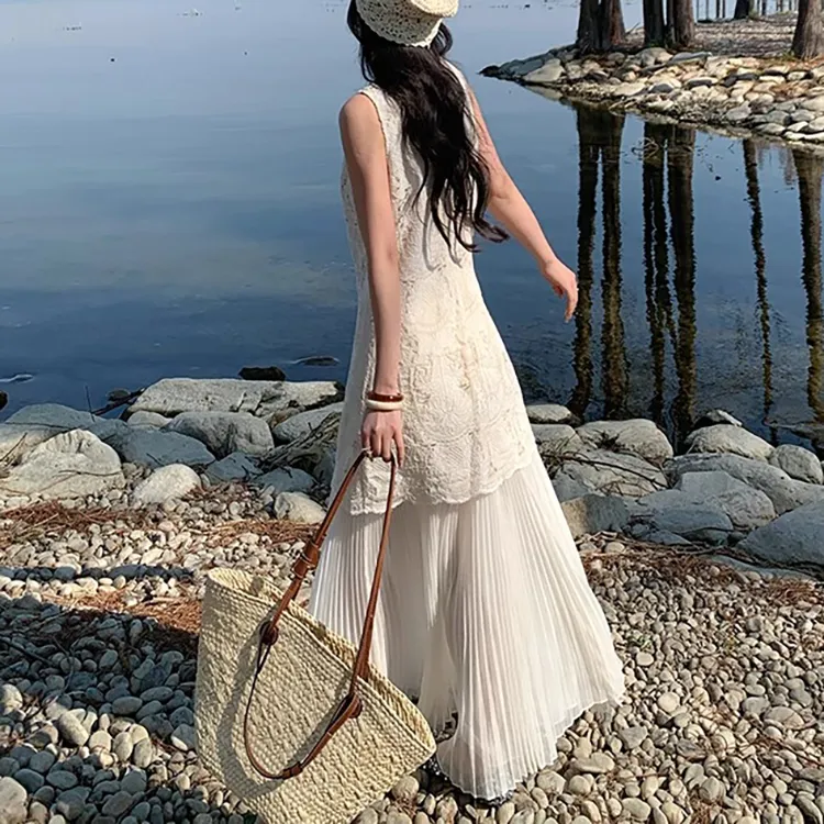 PAVEA Sleeveless Dresses Women's White+Hair Tie Comes With-3