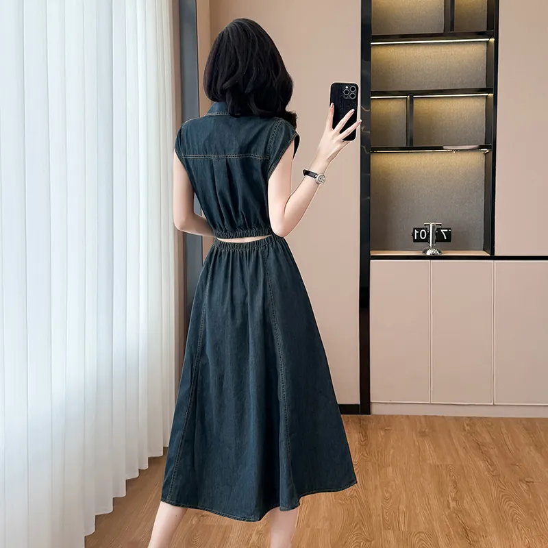 PAVEA Sleeveless Dress Women's Dark Blue+Hair Tie Included-2