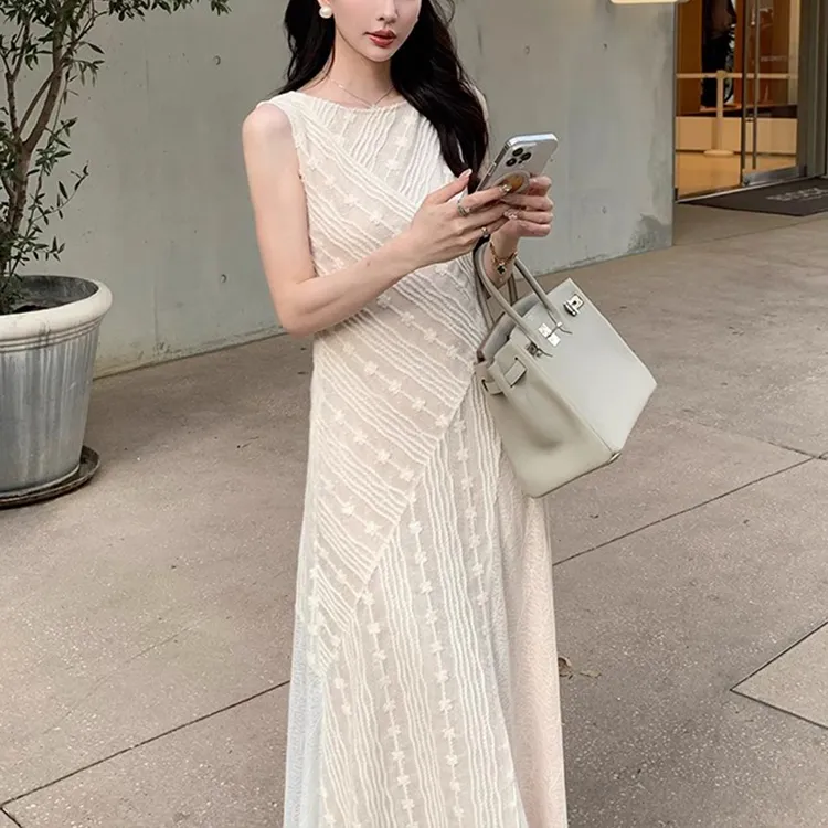 PAVEA Sleeveless Dress Women's Beige+Hair Tie Comes With-3