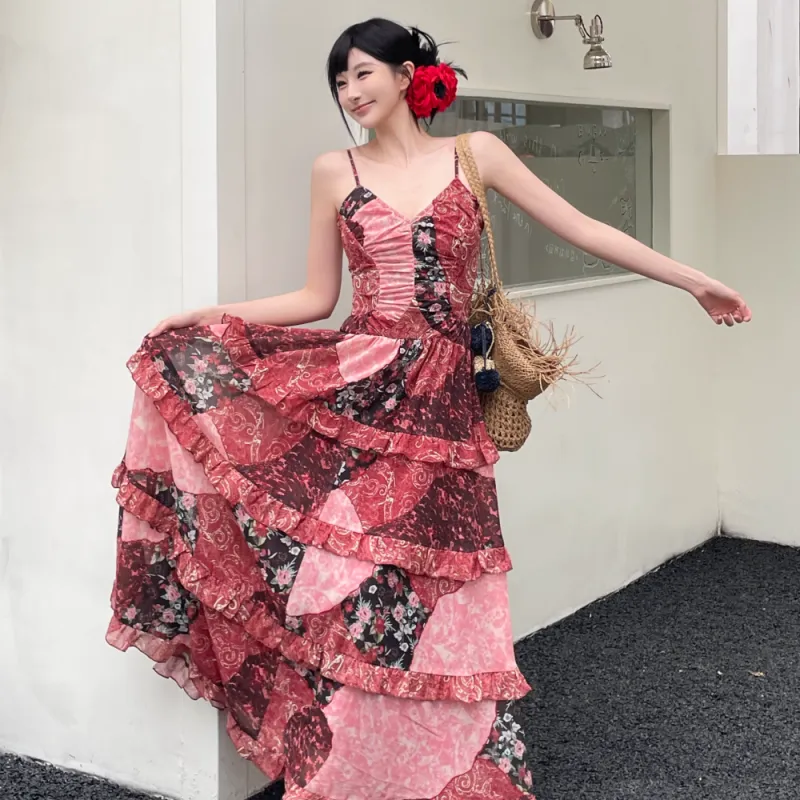 PAVEA Slip Dresses Women's Rose Red Multicolor+Hair Tie Comes With-3