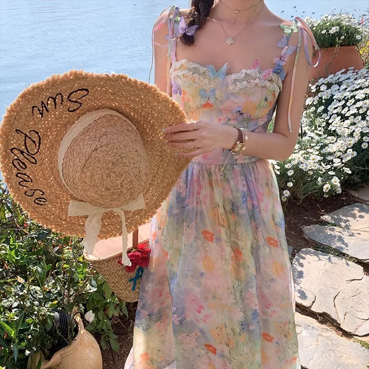 PAVEA Slip Dress Women's Oil Painting Pink Blue+Hair Tie Comes With-3