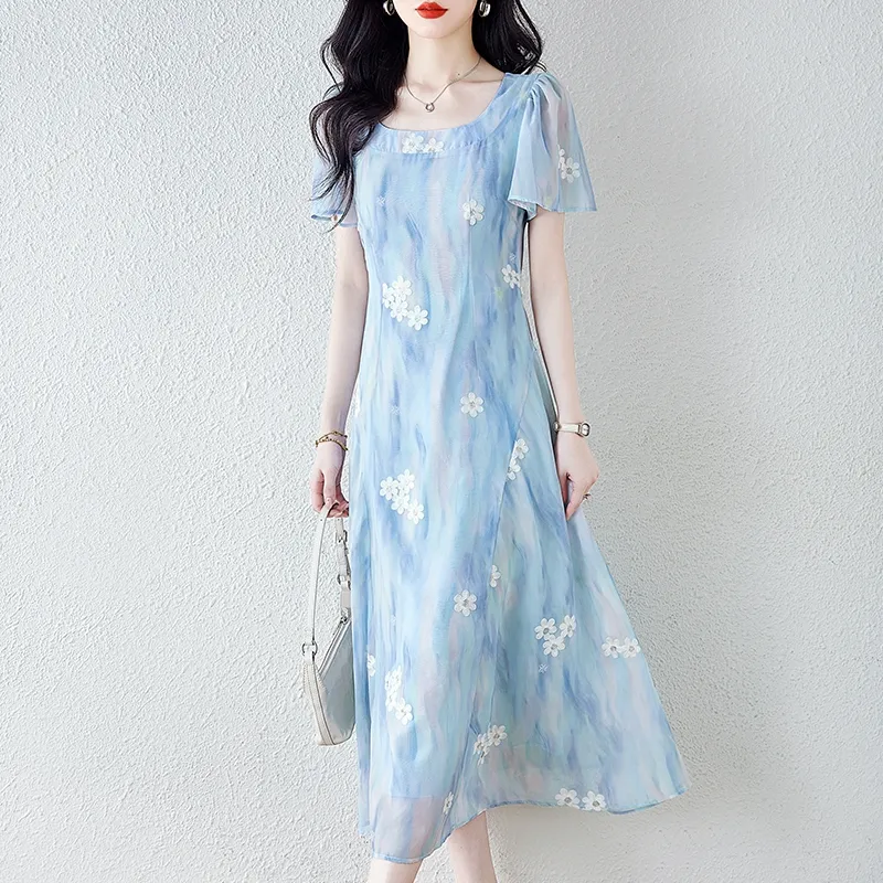PAVEA Short Sleeved Dress Women's Light Blue+Hair Tie Included-2