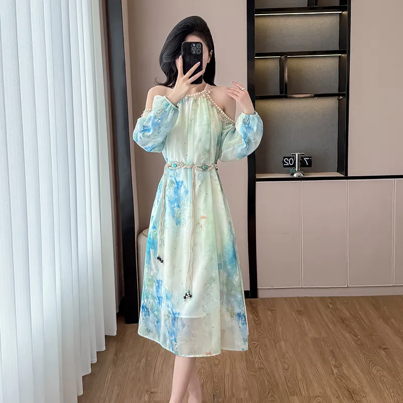 PAVEA Long Sleeved Dress Women's Blue+Belt+Hair Tie Comes With-6