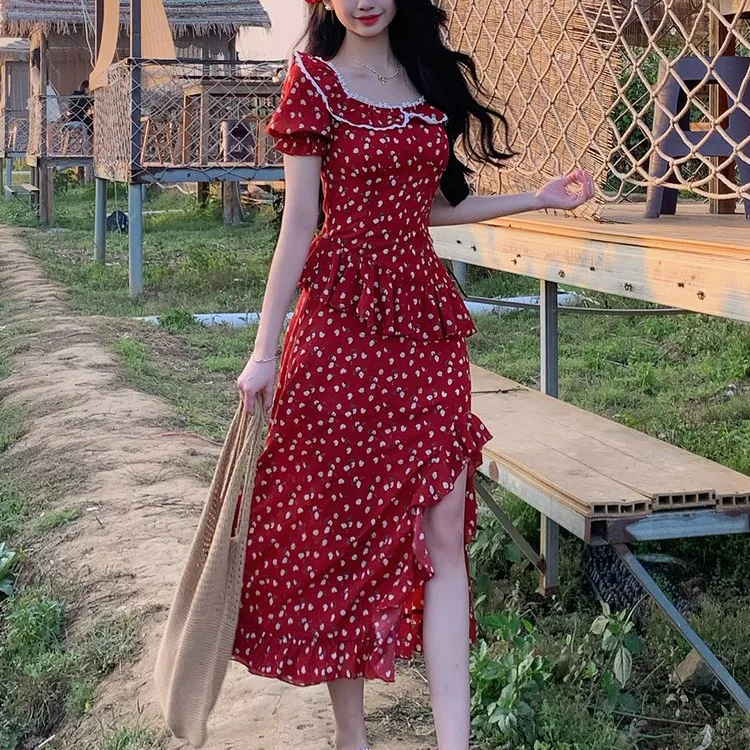 PAVEA Short Sleeved Dress Women's Red+Hair Tie Comes With-2