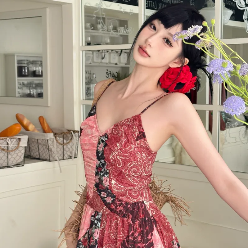 PAVEA Slip Dresses Women's Rose Red Multicolor+Hair Tie Comes With-6