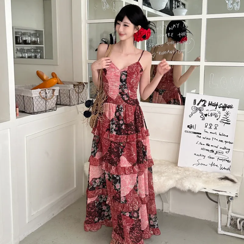 PAVEA Slip Dresses Women's Rose Red Multicolor+Hair Tie Comes With-2
