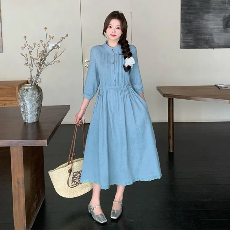 PAVEA Short Sleeved Dresses Women's Haze Blue+Hair Tie Comes With-5