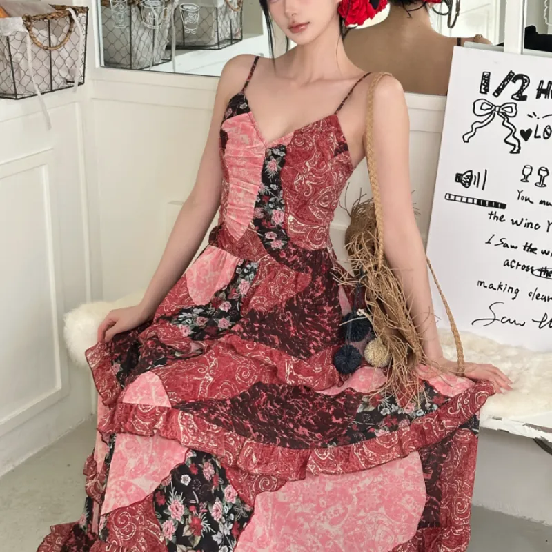 PAVEA Slip Dresses Women's Rose Red Multicolor+Hair Tie Comes With-4