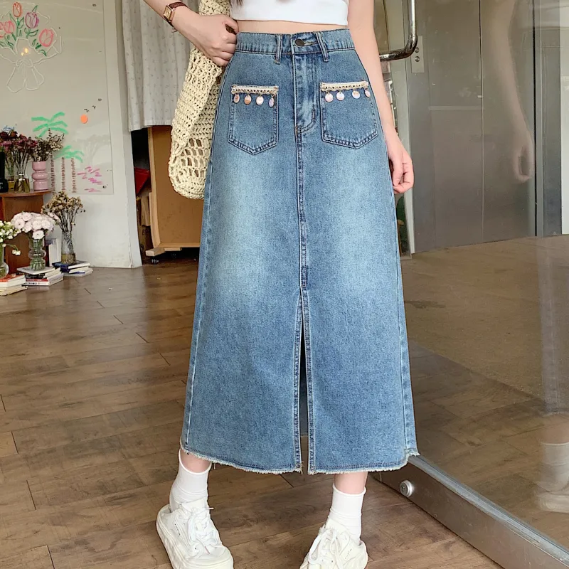PAVEA Denim Long Skirts Women's Blue+Hair Tie Comes With-6