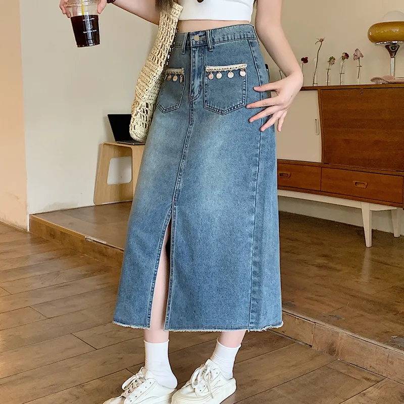 PAVEA Denim Long Skirts Women's Blue+Hair Tie Comes With-5