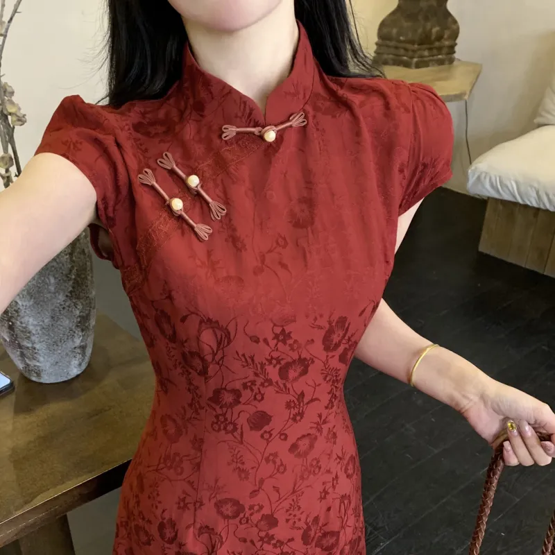 PAVEA Short Sleeved Dress Women's Burgundy+Hair Tie Comes With-4