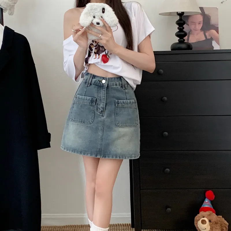 PAVEA Denim Short Skirts Women's Blue-4