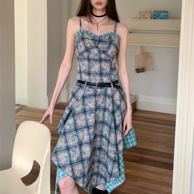 PAVEA Slip Dresses Women's Blue+Belt+Hair Tie Comes With-2