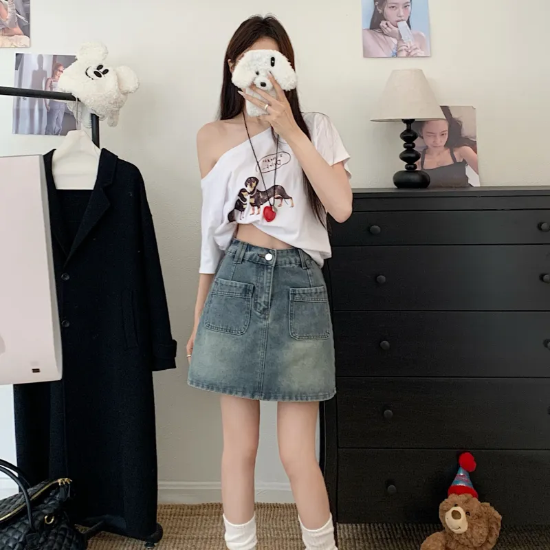 PAVEA Denim Short Skirts Women's Blue-5