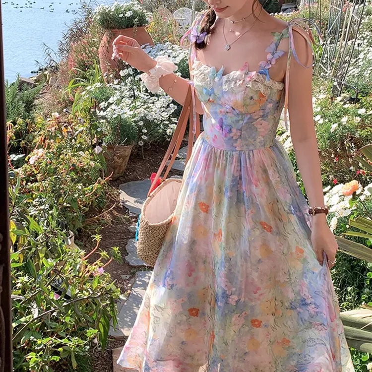 PAVEA Slip Dress Women's Oil Painting Pink Blue+Hair Tie Comes With-5