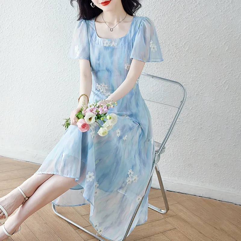 PAVEA Short Sleeved Dress Women's Light Blue+Hair Tie Included-5